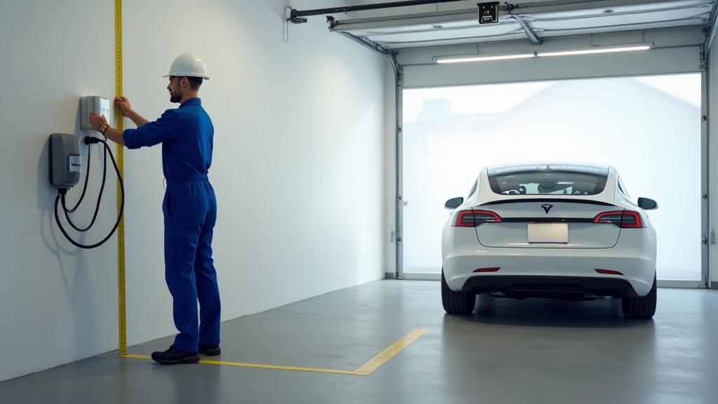 Técnico midiendo la distancia entre el cuadro eléctrico y el punto de recarga en un garaje
