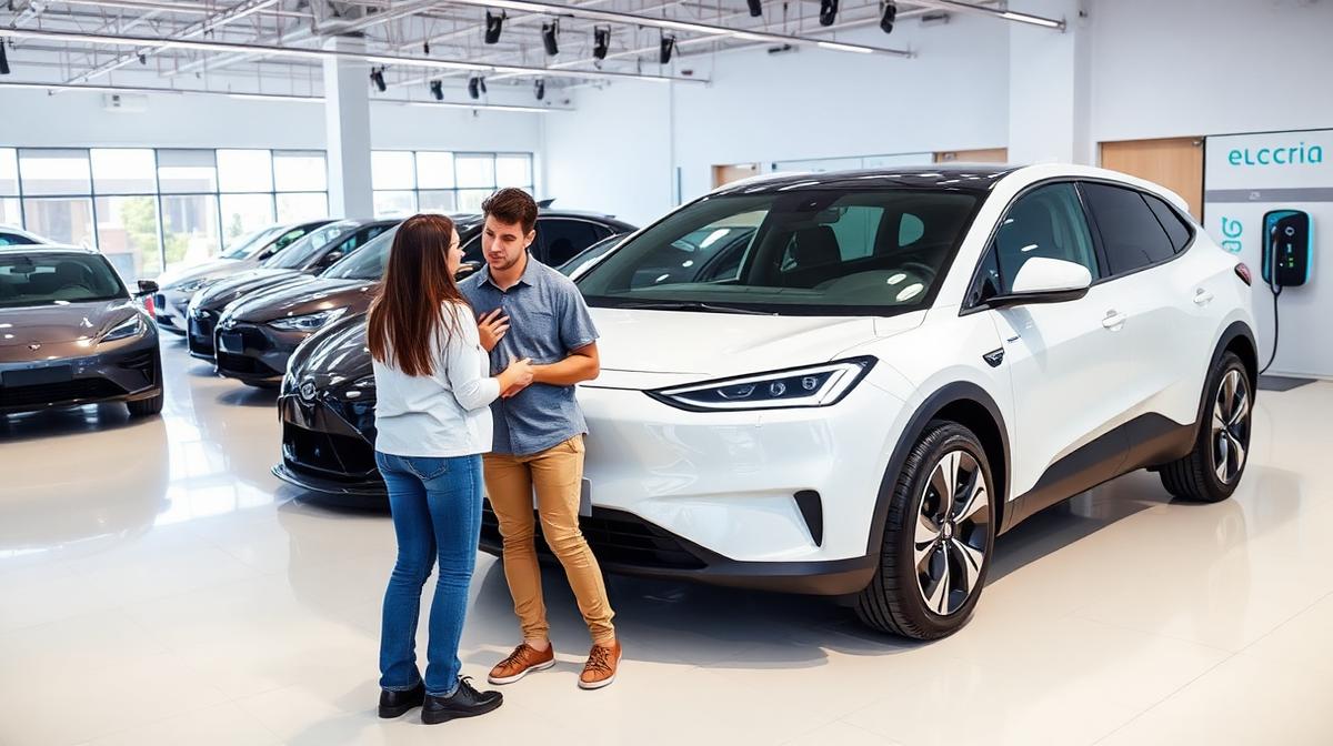 Pareja eligiendo un coche eléctrico en un concesionario moderno